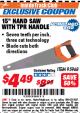 Harbor Freight ITC Coupon 15" HAND SAW WITH TPR HANDLE Lot No. 95968 Expired: 4/30/18 - $4.49