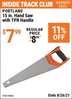 Harbor Freight ITC Coupon 15" HAND SAW WITH TPR HANDLE Lot No. 95968 Expired: 8/26/21 - $7.99