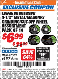 Harbor Freight ITC Coupon 4-1/2" METAL/MASONRY GRINDING/CUT-OFF WHEELS ASSORTED SET - PACK OF 10 Lot No. 47569/61177 Expired: 4/30/19 - $6.99