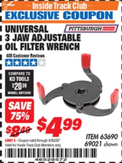 Harbor Freight ITC Coupon UNIVERSAL 3 JAW ADJUSTABLE OIL FILTER WRENCH Lot No. 69021/63690/63281 Expired: 4/30/20 - $4.99