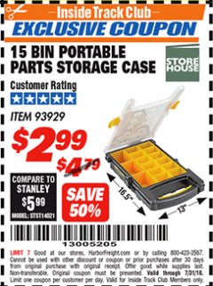 Harbor Freight ITC Coupon 15 BIN PORTABLE PARTS STORAGE CASE Lot No. 93929 Expired: 7/31/18 - $2.99