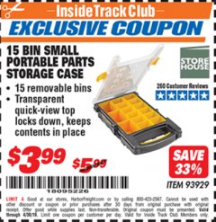 Harbor Freight ITC Coupon 15 BIN PORTABLE PARTS STORAGE CASE Lot No. 93929 Expired: 4/30/19 - $3.99