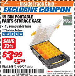 Harbor Freight ITC Coupon 15 BIN PORTABLE PARTS STORAGE CASE Lot No. 93929 Expired: 2/29/20 - $3.99