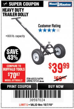 Harbor Freight Coupon HEAVY DUTY TRAILER DOLLY Lot No. 69898/37510/60533 Expired: 10/7/18 - $39.99