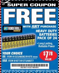 Harbor Freight FREE Coupon 24 PACK HEAVY DUTY BATTERIES Lot No. 61675/68382/61323/61677/68377/61273 Expired: 1/5/19 - FWP