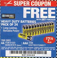 Harbor Freight FREE Coupon 24 PACK HEAVY DUTY BATTERIES Lot No. 61675/68382/61323/61677/68377/61273 Expired: 5/22/19 - FWP