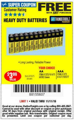 Harbor Freight FREE Coupon 24 PACK HEAVY DUTY BATTERIES Lot No. 61675/68382/61323/61677/68377/61273 Expired: 11/11/19 - FWP
