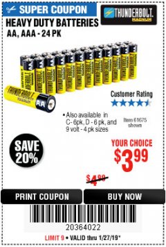 Harbor Freight Coupon 24 PACK HEAVY DUTY BATTERIES Lot No. 61675/68382/61323/61677/68377/61273 Expired: 1/27/19 - $3.99