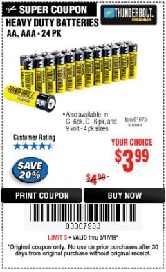 Harbor Freight Coupon 24 PACK HEAVY DUTY BATTERIES Lot No. 61675/68382/61323/61677/68377/61273 Expired: 3/17/19 - $3.99