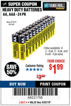 Harbor Freight Coupon 24 PACK HEAVY DUTY BATTERIES Lot No. 61675/68382/61323/61677/68377/61273 Expired: 9/22/19 - $1.99