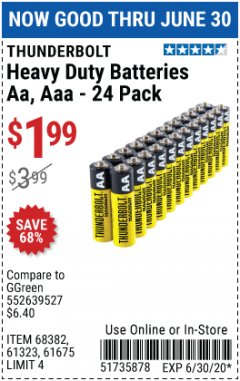 Harbor Freight Coupon 24 PACK HEAVY DUTY BATTERIES Lot No. 61675/68382/61323/61677/68377/61273 Expired: 6/30/20 - $1.99