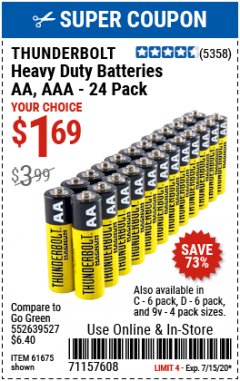 Harbor Freight Coupon 24 PACK HEAVY DUTY BATTERIES Lot No. 61675/68382/61323/61677/68377/61273 Expired: 7/15/20 - $1.69