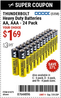 Harbor Freight Coupon 24 PACK HEAVY DUTY BATTERIES Lot No. 61675/68382/61323/61677/68377/61273 Expired: 7/31/20 - $1.69