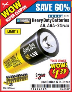 Harbor Freight Coupon 24 PACK HEAVY DUTY BATTERIES Lot No. 61675/68382/61323/61677/68377/61273 Expired: 3/1/21 - $1.39