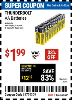 Harbor Freight Coupon 24 PACK HEAVY DUTY BATTERIES Lot No. 61675/68382/61323/61677/68377/61273 Expired: 2/20/22 - $1.99