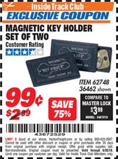 Harbor Freight ITC Coupon MAGNETIC KEY HOLDER SET OF TWO Lot No. 62748/36462 Expired: 6/30/18 - $0.99