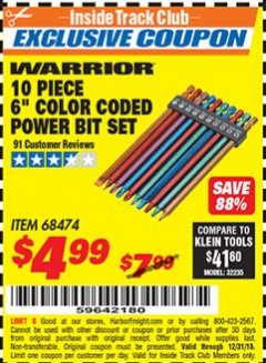 Harbor Freight ITC Coupon 10 PIECE 6" COLOR CODED POWER BIT SET Lot No. 68474 Expired: 12/31/18 - $4.99