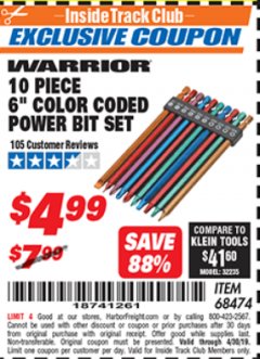 Harbor Freight ITC Coupon 10 PIECE 6" COLOR CODED POWER BIT SET Lot No. 68474 Expired: 4/30/19 - $4.99