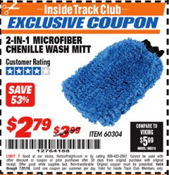 Harbor Freight ITC Coupon 2-IN-1 MICROFIBER CHENILLE WASH MITT Lot No. 68433/60304 Expired: 7/31/18 - $2.79