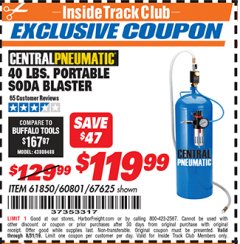 Harbor Freight ITC Coupon 40 LB. PORTABLE SODA BLASTER Lot No. 60801/67625/61850 Expired: 8/31/19 - $119.99