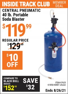 Harbor Freight ITC Coupon 40 LB. PORTABLE SODA BLASTER Lot No. 60801/67625/61850 Expired: 8/26/21 - $119.99