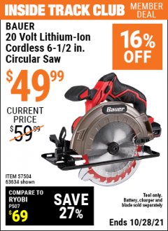 Harbor Freight ITC Coupon BAUER 20V 6-12" CIRCULAR SAW Lot No. 63634 Expired: 10/28/21 - $49.99