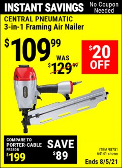 Harbor Freight Coupon 3-IN-1 FRAMING NAILER Lot No. 63455/64141/98751 Expired: 8/5/21 - $109.99