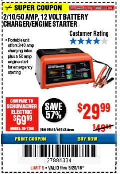 Harbor Freight Coupon 12 VOLT, 2/10/50 AMP BATTERY CHARGER/ENGINE STARTER Lot No. 66783/60581/60653/62334 Expired: 5/20/18 - $29.99