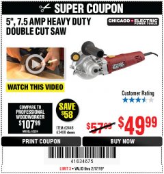 Harbor Freight Coupon 5" DOUBLE CUT SAW Lot No. 63408/62448 Expired: 2/17/19 - $49.99