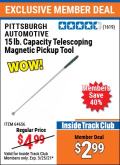 Harbor Freight ITC Coupon 15 LB. CAPACITY TELESCOPING MAGNETIC PICKUP TOOL Lot No. 64656/95933 Expired: 3/25/21 - $2.99