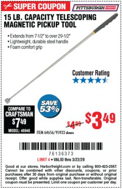 Harbor Freight Coupon 15 LB. CAPACITY TELESCOPING MAGNETIC PICKUP TOOL Lot No. 64656/95933 Expired: 3/22/20 - $3.49