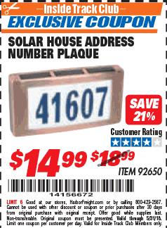 Harbor Freight ITC Coupon SOLAR HOUSE ADDRESS NUMBER PLAQUE Lot No. 92650 Expired: 5/31/18 - $14.99