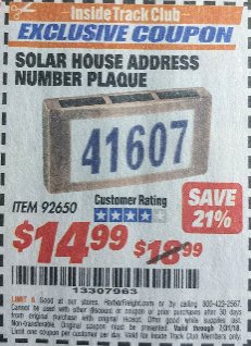 Harbor Freight ITC Coupon SOLAR HOUSE ADDRESS NUMBER PLAQUE Lot No. 92650 Expired: 7/31/18 - $14.99