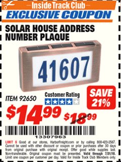Harbor Freight ITC Coupon SOLAR HOUSE ADDRESS NUMBER PLAQUE Lot No. 92650 Expired: 7/31/18 - $14.99
