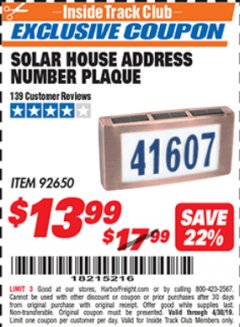 Harbor Freight ITC Coupon SOLAR HOUSE ADDRESS NUMBER PLAQUE Lot No. 92650 Expired: 4/30/19 - $13.99