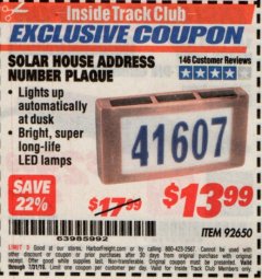 Harbor Freight ITC Coupon SOLAR HOUSE ADDRESS NUMBER PLAQUE Lot No. 92650 Expired: 7/31/19 - $13.99