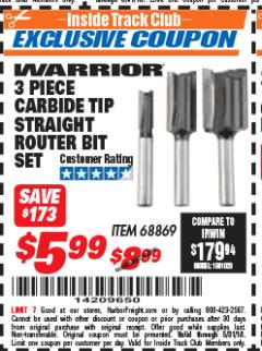 Harbor Freight ITC Coupon 3 PIECE CARBIDE TIP STRAIGHT ROUTER BIT SET Lot No. 68869 Expired: 5/31/18 - $5.99