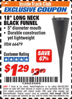 Harbor Freight ITC Coupon 18 IN. LONG-NECK FUNNEL Lot No. 66479 Expired: 7/31/18 - $1.29