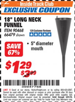 Harbor Freight ITC Coupon 18 IN. LONG-NECK FUNNEL Lot No. 66479 Expired: 3/31/19 - $1.29