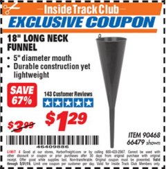 Harbor Freight ITC Coupon 18 IN. LONG-NECK FUNNEL Lot No. 66479 Expired: 5/31/19 - $1.29