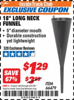 Harbor Freight ITC Coupon 18 IN. LONG-NECK FUNNEL Lot No. 66479 Expired: 3/31/20 - $1.29