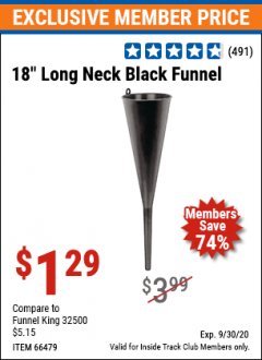 Harbor Freight ITC Coupon 18 IN. LONG-NECK FUNNEL Lot No. 66479 Expired: 9/30/20 - $1.29