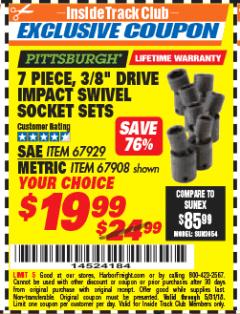 Harbor Freight ITC Coupon 7 PIECE, 3/8" DRIVE IMPACT SWIVEL SOCKET SETS Lot No. 67929, 67908 Expired: 5/31/18 - $19.99