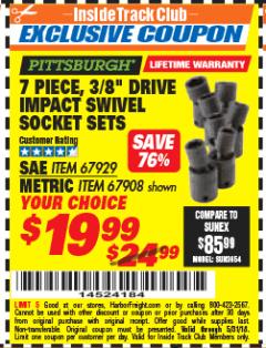 Harbor Freight ITC Coupon 7 PIECE, 3/8" DRIVE IMPACT SWIVEL SOCKET SETS Lot No. 67929/67908 Expired: 5/31/18 - $19.99