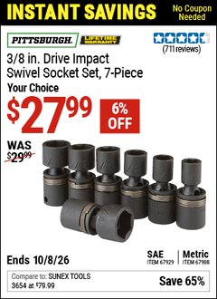 Harbor Freight Coupon PITTSBURGH 3/8 IN. DRIVE IMPACT SWIVEL SOCKET SET, 7-PIECE Lot No. 67908/67929 Valid Thru: 10/8/26 - $27.99