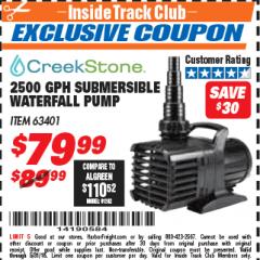 Harbor Freight ITC Coupon 2500 GPH SUBMERSIBLE WATERFALL PUMP Lot No. 63401 Expired: 5/31/18 - $79.99