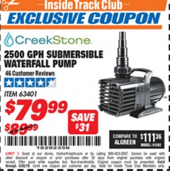 Harbor Freight ITC Coupon 2500 GPH SUBMERSIBLE WATERFALL PUMP Lot No. 63401 Expired: 4/30/19 - $79.99