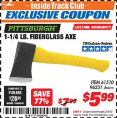 Harbor Freight ITC Coupon 1-1/4 LB. AXE WITH 11-1/2" FIBERGLASS HANDLE Lot No. 96231/61510 Expired: 2/29/20 - $5.99