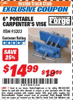 Harbor Freight ITC Coupon 6' PORTABLE CARPENTERS VISE Lot No. 95203 Expired: 5/31/18 - $14.99
