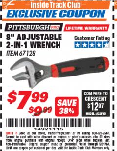 Harbor Freight ITC Coupon 8 IN. ADJUSTABLE 2- IN-1 WRENCH Lot No. 67128 Expired: 5/31/18 - $7.99